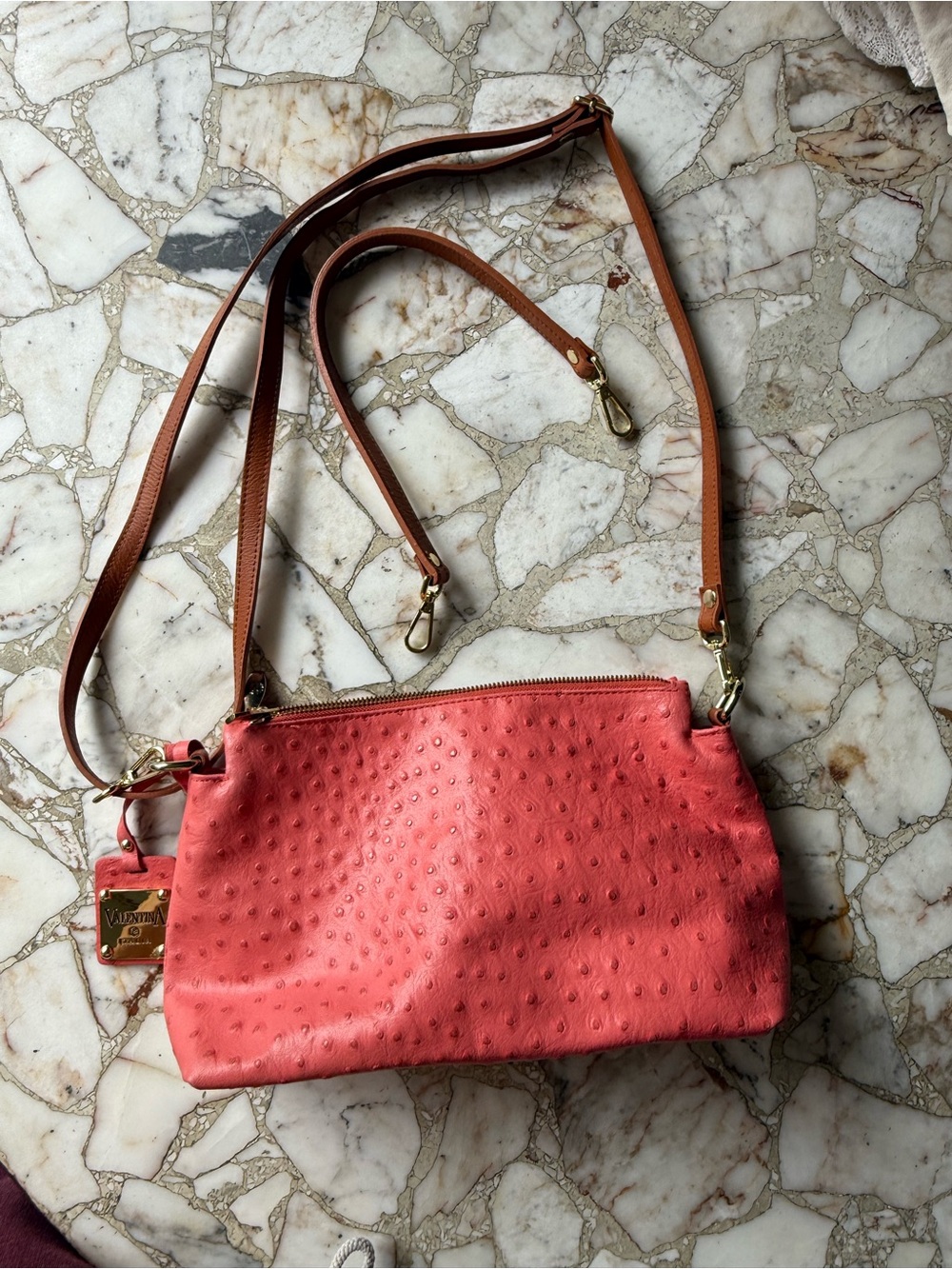 Valentina Coral Pink Ostrich-Embossed Leather Crossbody with Tan Straps